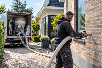 Spouwmuurisolatie aanbrengen met professionele isolatieapparatuur Isolatiespecialist brengt spouwmuurisolatie aan bij een woning met behulp van een isolatiewagen