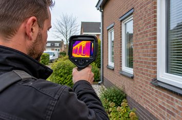 Spouwmuurisolatie controleren met een warmtebeeldcamera Isolatiespecialist controleert de warmteverdeling van een woninggevel met een warmtebeeldcamera