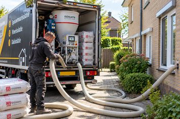 Spouwmuurisolatie aanbrengen met professionele inblaasapparatuur Isolatiespecialist bedient professionele isolatieapparatuur in een vrachtwagen voor het aanbrengen van spouwmuurisolatie bij woningen